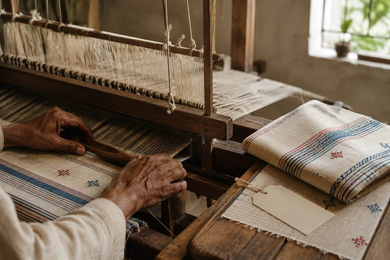 Handwoven textiles displayed in a handloom workshop